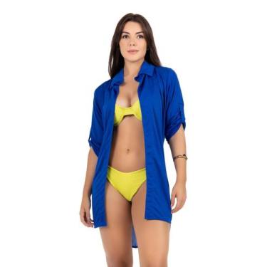 Imagem de Saída de Praia Camisa com Manga Camisão Kimono - Kosh, P, Azul lisa