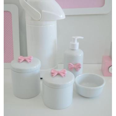Imagem de kit Higiene Bebê Potes K021 Cotonete Flor Rosa Algodão Limpeza Porcela