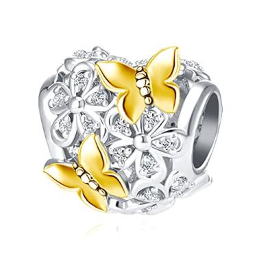 Imagem de QeenseKc Borboleta Flor Jardim Pingente Magnólia Flor Cristal Berloque Berloque Esmaltado Para Pandora Charm Pulseira, Metal, Base