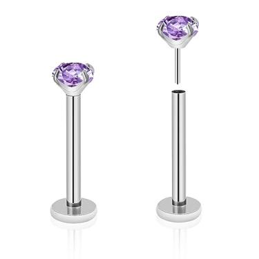 Imagem de ZYTAIJEW 2 peças G23 titânio 20G/18G/16G 6mm-12 mm anel de nariz plano push-in sem rosca 3 mm Prong CZ Monroe Labret anéis labiais Helix Nail cartilagem tragus brinco piercing joias, Titânio, Sem