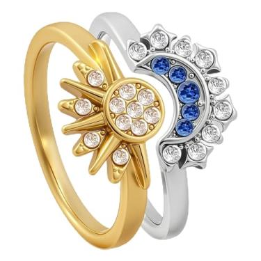 Imagem de LKingel 1 par de anéis celestiais de sol e lua para mulheres, ouro 14 quilates, banhados a ouro 14 quilates, anéis brilhantes de sol e lua, anéis celestiais empilháveis, anéis de compromisso de amizade, presente para meninas e mulheres, 9, Metal, Sem pedra preciosa