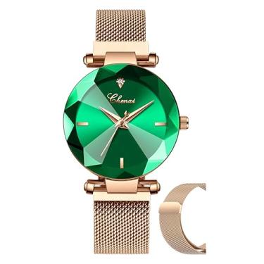 Imagem de Relógio feminino fashion com pulseira magnética de cristal em aço inoxidável e ouro rosé, Rose gold-Green