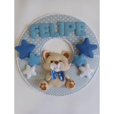 Imagem de Guirlanda Decorativa Infantil, Urso com Laço Azul, Estrelas e Nome Personalizado em Feltro, 40cm