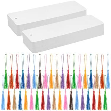 Imagem de DSYIL Conjunto de 100 marcadores de livro em branco com borlas coloridas, marcadores de papel branco a granel, marcadores de papel artesanal para projetos DIY e etiquetas de presentes, 14 x 5 cm