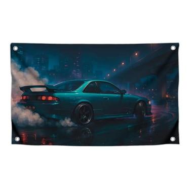 Imagem de Bandeiras de corrida de arrancada de 9,5 x 1,2 m com carros esportivos à deriva com quatro argolas de latão - Bandeira personalizada de pista de sujeira de automobilismo de um lado - Bandeiras de