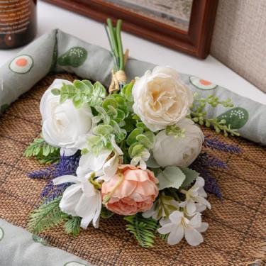 Imagem de YTWM Buquê de flores artificiais de luxo – peônia, cosmos, frésia, ranúnculo, frésia, lavanda com eucalipto e samambaias para decoração de casa, escritório, quarto, banheiro