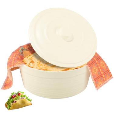 Imagem de Aquecedor de tortilha de porcelana com tampa – Servidor de tortilha de 21,6 cm, inclui pano de pão, recipiente de armazenamento durável para micro-ondas para panquecas, pão de milho, tacos e mais