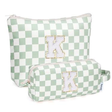 Imagem de Narwey Bolsa de maquiagem com inicial personalizada, 2 peças, xadrez, presentes de aniversário, presentes para meninas, coisas modernas, 6, 8, 10, 11, 12, 13, 14, 16, 18 anos, bolsa de higiene pessoal