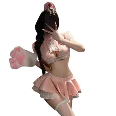 Imagem de SENJIY Lingerie sexy de enfermeira para mulheres, vestido curto, uniforme cosplay, fantasia babydoll, anime, chapéu de encenação, body para cabeça, top minissaia, conjunto de tanga rosa