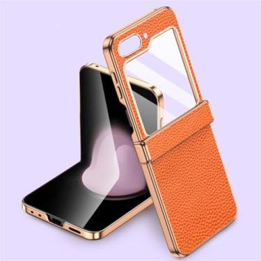 Imagem de Capa de telefone de couro natural para Samsung Galaxy Z Flip5 Flip 5 ZFlip5 Capa de proteção de dobradiça com vidro temperado, laranja, para Galaxy Z Flip5