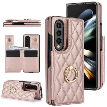 Imagem de Capa de couro para celular Samsung Galaxy Z Fold 3, 4, 5, 6, 7, com suporte de anel de metal e capa rígida, ouro rosa, para Galaxy Z Fold 6