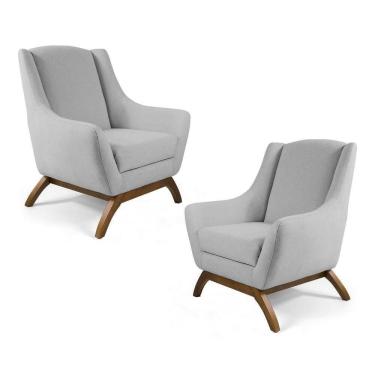 Imagem de Kit 2 Poltronas Decorativas Base De Madeira Juliet Linho D-315 Cinza Claro - Domi