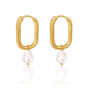 Imagem de Brincos de argola de pérola de água doce para mulheres – Banhado a ouro 14 k em forma de U em forma de U - Brincos minimalistas geométricos para presente de aniversário