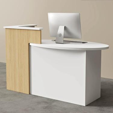 Imagem de Balcão de recepção moderno com gaveta trancável e armário de armazenamento - branco, mesa oval de 120 cm/47 polegadas - ideal para lojas de varejo e áreas de finalização de compra