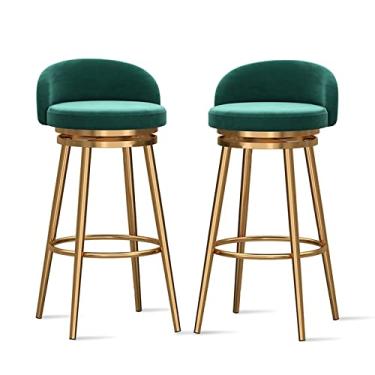 Imagem de Banquetas de balcão Conjunto de 2 - Bancos de bar estofados de veludo com perna de metal dourado, cadeiras de bar de ilha de cozinha modernas cadeiras de jantar com encosto baixo, 64 cm A, verde