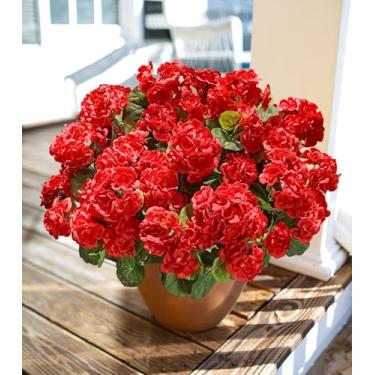 Imagem de Flores artificiais de gerânios falsos para atividades ao ar livre, 6 pacotes de flores falsas de gerânios vermelhos de seda vermelha, flores falsas, resistentes a UV, para plantadores ao ar livre
