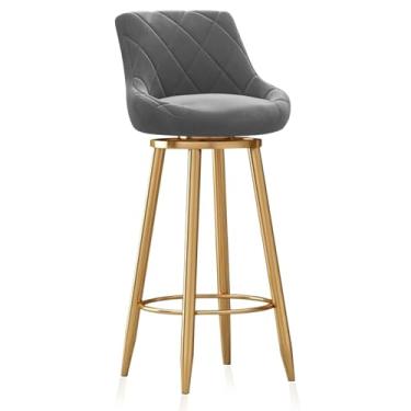 Imagem de Bancos de bar estofados giratórios modernos conjunto de 1, banquetas de bar douradas com encosto, cadeiras ilha com apoio para os pés dourado cadeiras de barra de veludo, cinza, 65 cm
