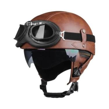 Imagem de Capacete Retro Unissex Em Couro PU Com Lente HD, Capacete Meio Aberto 