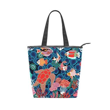 Imagem de Bolsa feminina de lona durável, feita à mão, peixes, tartaruga marinha, corais, sacola de compras de grande capacidade