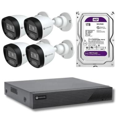 Imagem de Kit CFTV Motorola DVR 4 Canais + 4 Câmeras de Segurança Bullet com Visão Noturna Full HD 2MP 1080P IP66 20 metros + HD Western Digital 1TB Purple