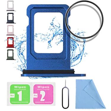 Imagem de ASDAWN Substituição para iPhone 13 Suporte de bandeja para cartão SIM compatível com iPhone 13 Slot para bandeja de cartão SIM à prova d'água anel de borracha e pino SIM (versão SIM único) (azul)