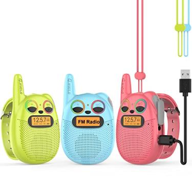 Imagem de QNIGLO Q136 Kitten Walkie Talkie Crianças 3 Unidades, Alcance de 2-5Km, Walkie Talkie Esportivo Portátil com Rádio FM, Presentes e Brinquedos para Crianças Acima de 3 Anos (Vermelho Azul Verde)