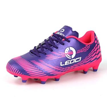 Imagem de LEOCI Chuteiras de futebol masculinas femininas firmes para uso ao ar livre/interno meninos meninas tênis de treinamento de futebol futsal profissional, Roxa, 11 Women/10 Men