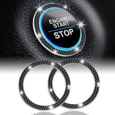 Imagem de LivTee Anel de decoração de parada de partida do motor de carro com strass duplo de cristal, acessórios brilhantes para carro, botão de apertar para começar, anel de ignição por chave e botão, preto