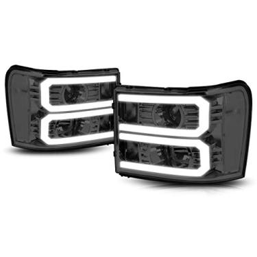 Imagem de PM PERFORMOTOR Faróis de projetor de luz LED em forma de DUO em forma de C de canto claro com carcaça fumê compatíveis com SIERRA 2007-2014, PMHL-GSIE-700LB-P-SC