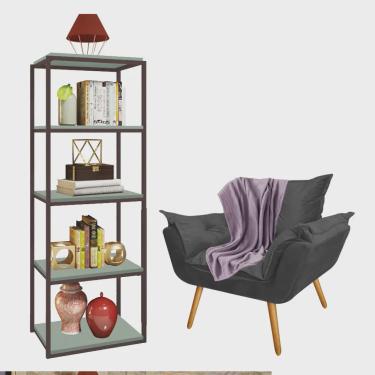 Imagem de Kit Poltrona Fatte com Manta Soft Lilás e Estante Livreiro Ferro Marrom mdf Verde Oliva Suede Cinza - Ahazzo Móveis