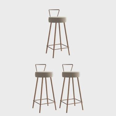 Imagem de Kit 03 Banqueta Alta Com Encosto Tais Eiffel Cozinha Bar Bistrô Ferro Bronze Sintético Bege - Ahz Móveis