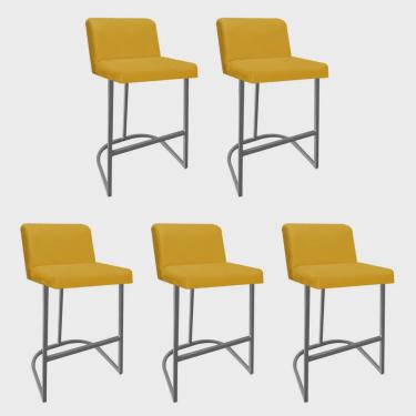 Imagem de Kit 05 Banquetas Com Encosto Noah Luxo Confort Bistrô Cozinha Ferro Cinza Corino Amarelo - Ahz Móveis