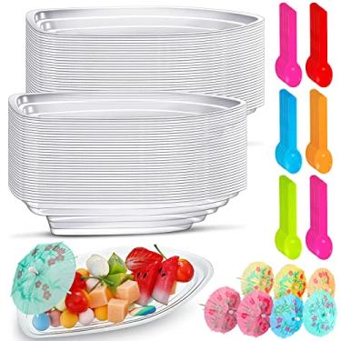 Imagem de Conjunto de 50 tigelas de plástico transparente de 227 g Banana Split Boat Conjunto descartável reutilizável de banana inclui sorvete Sundae Splits tigela de papel guarda-chuvas e colheres para festas