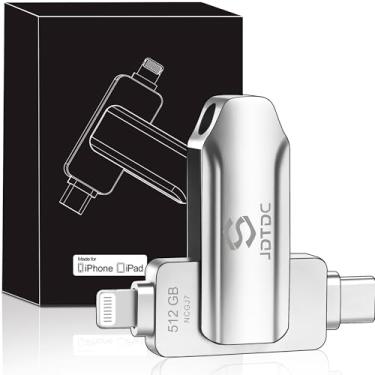 Imagem de Cartão USB USB C e Lightning de 512 GB certificado pela Apple MFi com backup em um clique, cartão de foto e armazenamento externo para iPhone/iPad/Mac/Android – Capacidade real de armazenamento e