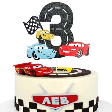 Imagem de MEMOVAN Race Car 3rd Cake Topper 3th Racing Car Birthday Cake Topper Decoration for Racing Car Checkered Flag Themed Girl Boy 3 Years Birthday Party Supplies Double Sided