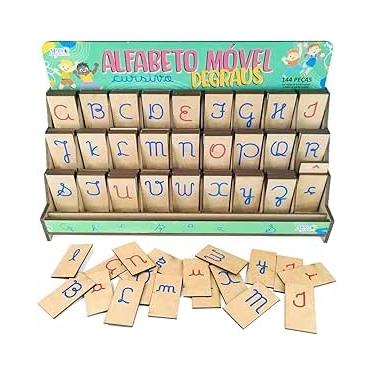 Imagem de Brinquedo Educativo Alfabeto Móvel Degraus em MDF, 144 Peças, Letras Cursivas