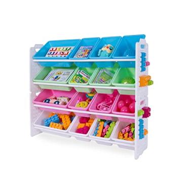 Imagem de UNiPLAY Organizador de brinquedos com 16 caixas de armazenamento removíveis, organizador de vários compartimentos para livros, blocos de construção, materiais escolares, brinquedos com moldura de placa de base (rosa)