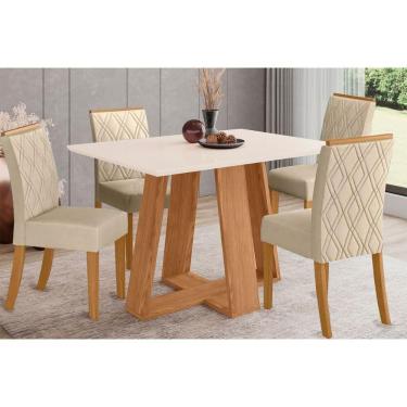 Imagem de Sala De Jantar Completa Lins Sc91 Tampo Madeirado C- Vidro Canto Reto 120x80cm E 4 Cadeiras Vita Nature-veludo Light Linho - Henn