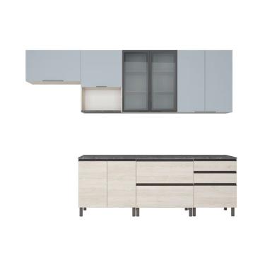 Imagem de Cozinha Bartira Cristal 10 Portas, 3 Gavetas, 5 Prateleiras Freixo-azul