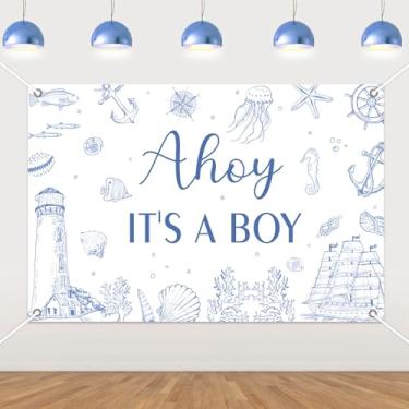 Imagem de Decorações de chá de bebê náutico 1,5 x 1 m azul Ahoy It's A Boy Banner de pano de fundo para menino marinheiro do mar decoração revelação de gênero âncora veleiro farol barco barco coral concha