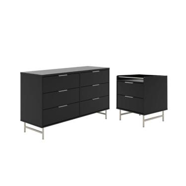 Imagem de Cômoda 6 Gavetas e Mesa de Cabeceira Yves Preto Champanhe