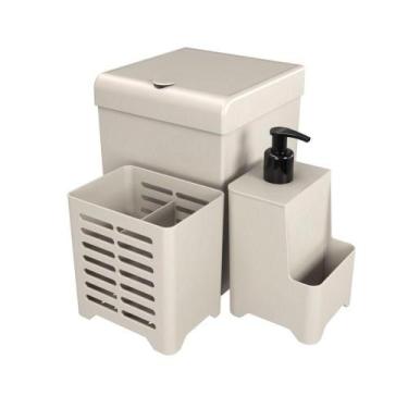 Imagem de Kit Pia 3 Peças Lixeira Dispenser Porta Talher Cozinha - Stolf Areia
