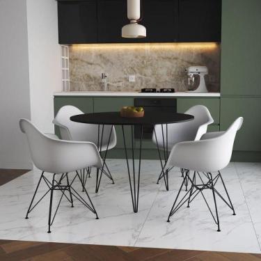 Imagem de Mesa Jantar Redonda 110Cm Preta Clips 3 Pés Com 4 Poltronas Brancas Fe