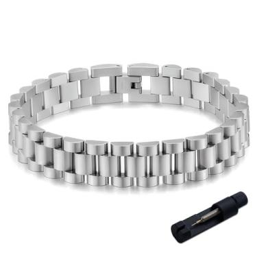 Imagem de MYNENEY Pulseira masculina de aço inoxidável de 10 mm, pulseira de corrente de elos de relógio para homens prata/ouro/preto 19 cm / 21 cm de comprimento joia masculina clássica, 8.3in, Aço inoxidável