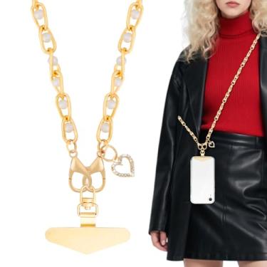 Imagem de Yiflin Cordão para celular feminino, conjunto de alça de telefone dourada, linda corrente de telefone de metal, com aba de metal para celular, pingente de amor (cordão de telefone transversal dourado