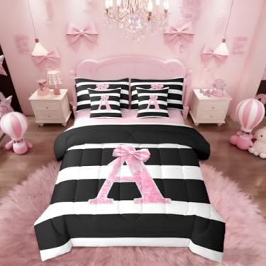 Imagem de Erosebridal Conjunto de edredom Queen com monograma, letra A, laço rosa, letra inicial, 7 peças, preto e branco, para quarto de meninas, adolescentes, mulheres, conjunto de cama kawaii com laço e laço