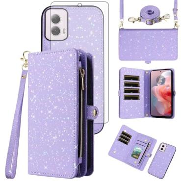 Imagem de Asuwish Capa de celular para Motorola Moto G Power 5G 2024 com zíper carteira magnética destacável com protetor de tela de vidro temperado e suporte de cartão com glitter, acessórios para celular G5