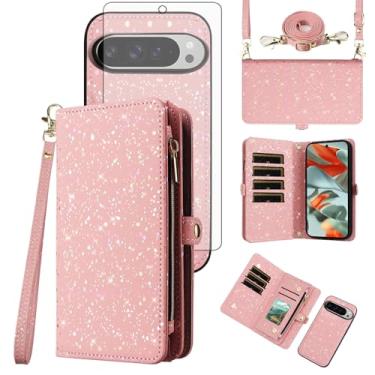 Imagem de Asuwish Capa de celular para Google Pixel 9 Pro XL com zíper carteira magnética destacável com protetor de tela de vidro temperado e suporte de glitter, acessórios para celular Pixel9 9Pro 9ProXL nove