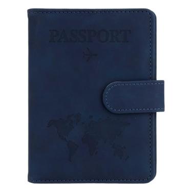 Imagem de Porta-passaporte e porta-cartão de vacina, capa para passaporte com bloqueio RFID, Azul marinho, Fecho magnético