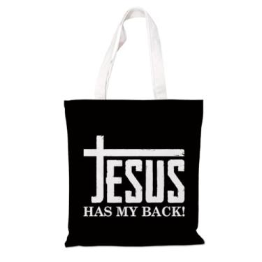 Imagem de Bolsa de lona cristã inspiradora - Jesus Has My Back, sacola de lona bíblica estética para mulheres, presentes cristãos fofos, sacolas de algodão para trabalho, compras, viagens e uso diário